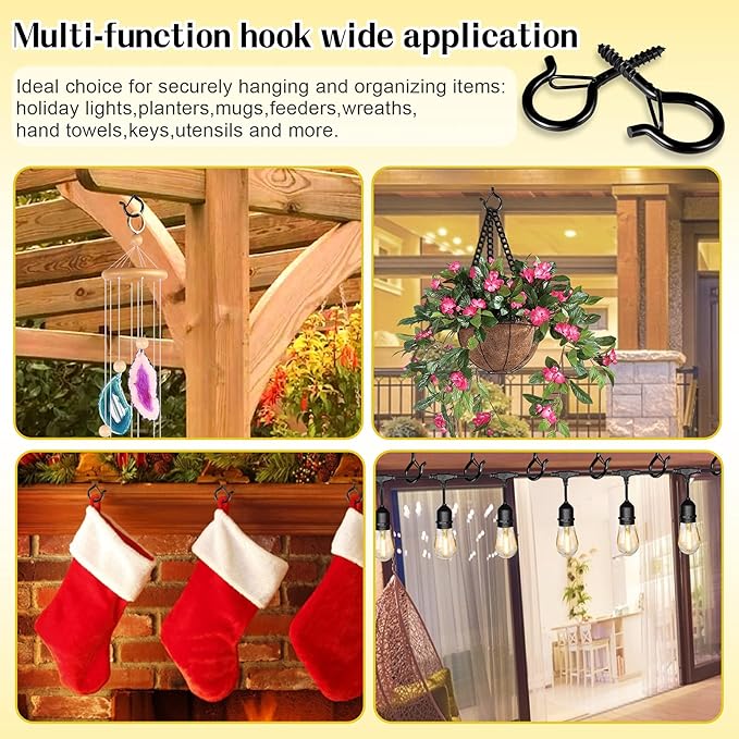 Hooks for Outdoor String Lights, Ceiling Screw Hooks with Safety Buckle Design for Hanging Plants Christmas Lights Party Led Wind Chimes, Black Q Hanger with Wing Nut Driver, 30 Pack