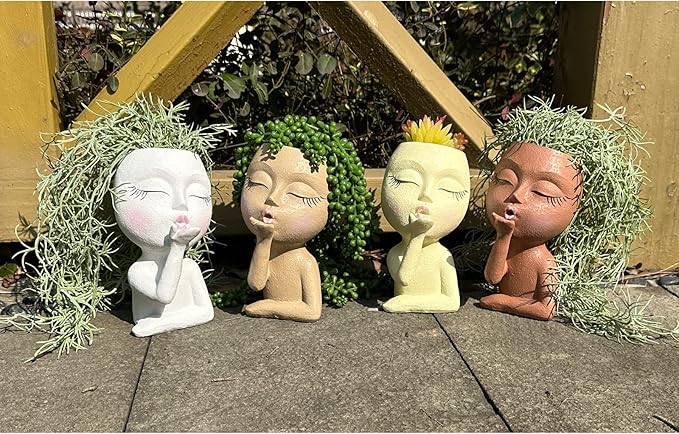 Head Face Planters, Kissing Girl Flowerpot, Lady Head Flower Pot, Female Kiss Faces Small Resin Art Succulent Pots for Indoor Outdoor Plants, Beige