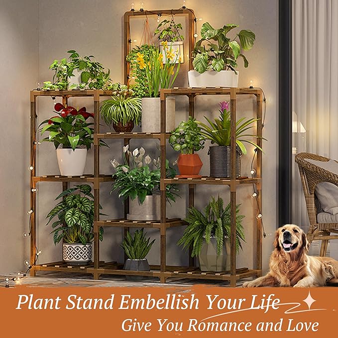 EnHomee Plant Stand Indoor Large Plant Stands Outdoor 5 Tiers Wood Tiered Plants Shelf for Multiple Plants with 8 Potted 34.3" W x 11.8" D x 47.2" H