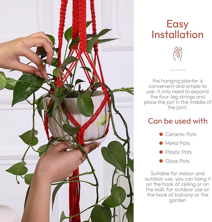 Macrame Plant Hangers Indoor Macrame Hanging Planters for Indoor Plants - 6 Pack Hanging Plant Holders Indoor Hanging, Macromay Plant Hangers for Indoor Plant Hanger, Boho & Home Decor (Red)