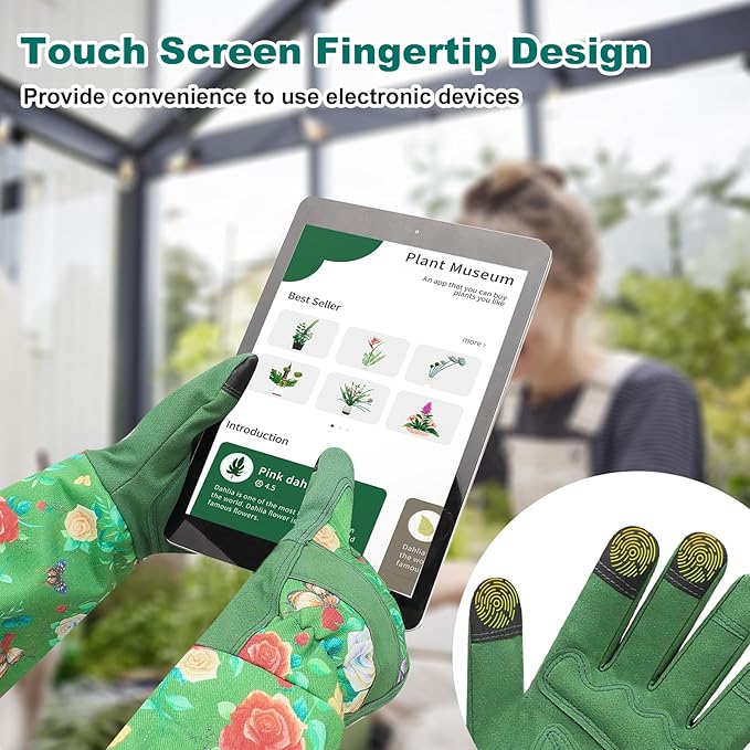 DLY Gardening Gloves for Women, Rose Gloves Gardening Thorn Proof, Long Garden Gloves for Women, Durable and Comfortable Leather Gauntlet (Medium, Green