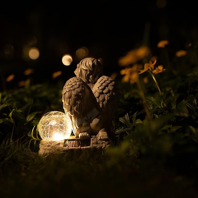 Angel Decor Praying Cherubs Statue Garden Decor, Angel Garden Figurines Outdoor Decoration,Baby Angel Garden Statue with Solar Crackle Glass Globe for Lawn Patio Decorations