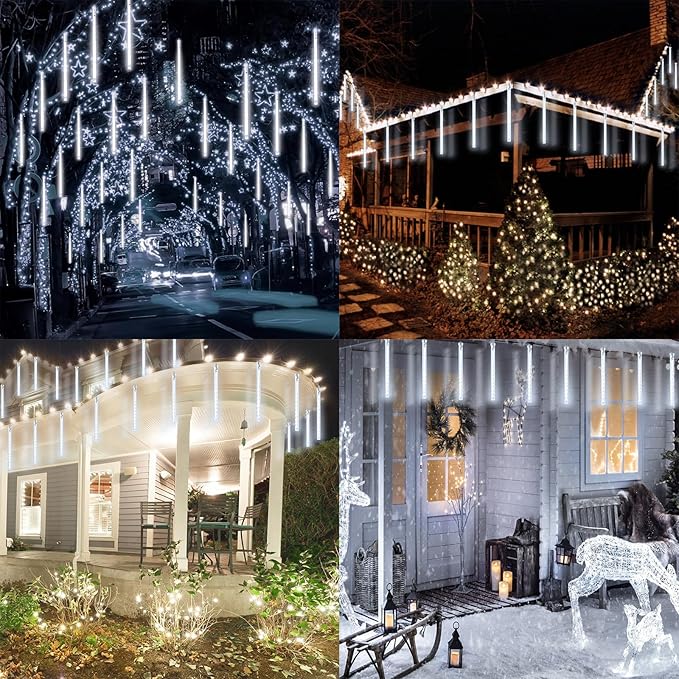 2-Pack Meteor Shower Christmas Lights Outdoor Decorations, Extendable Tree Lights Waterproof 16 Tubes 384 LEDs Falling Rain for Holiday Outside Decor Yard House Xmas Tree (Cool White)