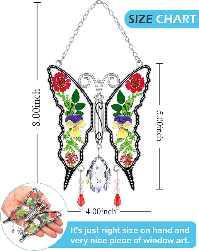 KY&BOSAM Butterfly Suncatchers for Windows - Stained Glass Crystal Wind Chimes with Metal Charms, Colorful Rainbow Prisms Garden Decor for Mom/Grandma, Christmas Wedding Gifts (8" Hanging Ornaments)