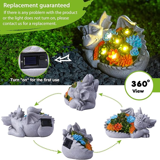 Solar Dragon Statue with Succulent Lights - Dragon Garden Sculptures & Statues,Garden Decor for Outdoor Yard Art Ornaments 9.1inch (Gray)
