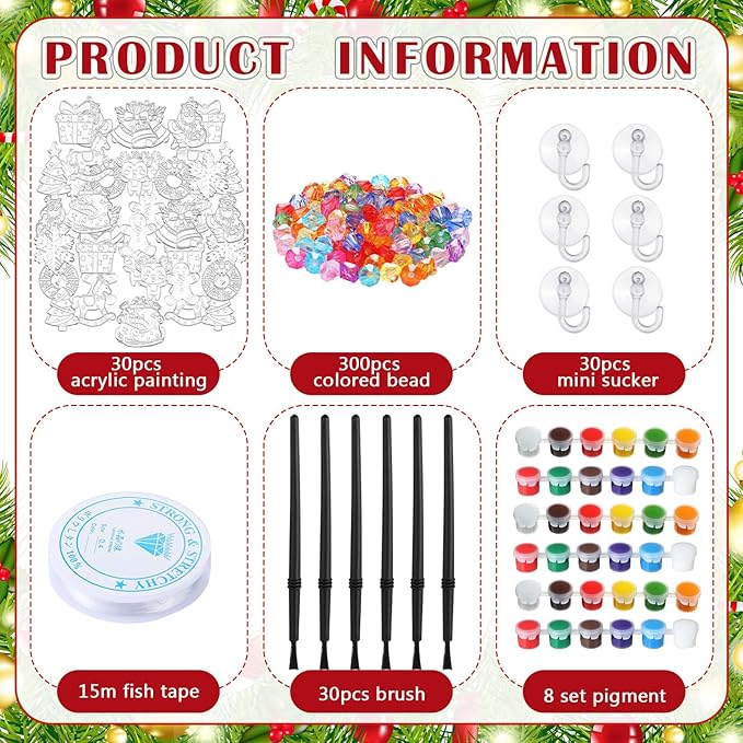 30 Sets Suncatchers Window Art Kits, DIY Sun Catchers Bulk Crafts Paint Your Own Window Ornaments for Boys Girls Classroom Home Party Birthday Activity Decor(Christmas Style)