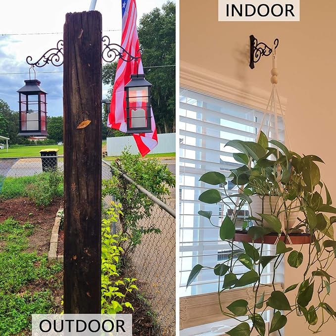 2 Pieces 8-Inch Outdoor Decorative Iron Wall Hooks for Hanging Lanterns Indoor Plants Hummingbird Feeders, Black