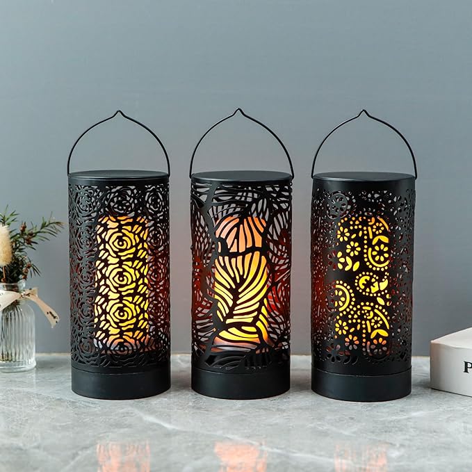 TRIROCKS Set of 3 LED Cordless Metal Lantern with Timer 7" H Moving Flame Lamp Battery Operated Breathing Lamp Floral Hollow LED Hanging Lighting for Indoor/Outdoor Patio Garden Party Gift