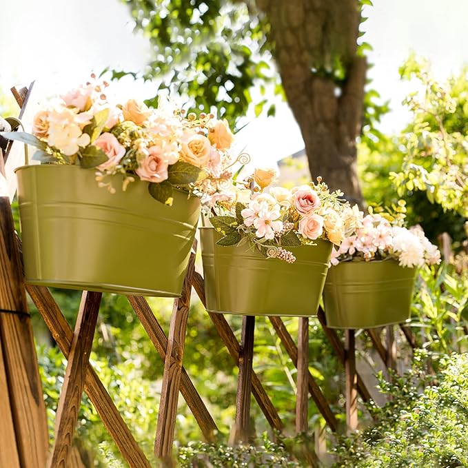 3 Pack Metal Hanging Flower Pots for Railing Fence,Outdoor Balcony Rail Planter with Detachable Hooks Drainage Holes for Deck Garden Home Decor Green