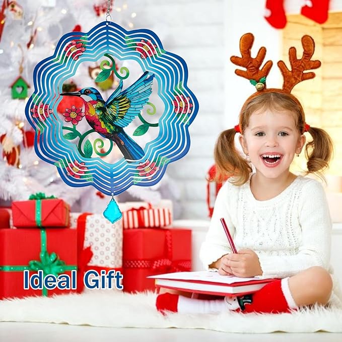 Hummingbird Metal Wind Spinners - 12 Inch Hanging Metal Wind Spinner for Outdoor & Indoor Decor, Hummingbird Kinetic Sculpture for Christmas Ornament Gifts, Yard Art and Garden Decorations