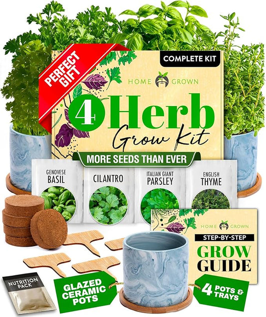 HOME GROWN Indoor Herb Gardening Kit w/Glazed Ceramic Pot - Unique Gift for Women, Mom, Gardeners, Friend, Her, Mother - Easy-to-Grow Kitchen Window Starter Set