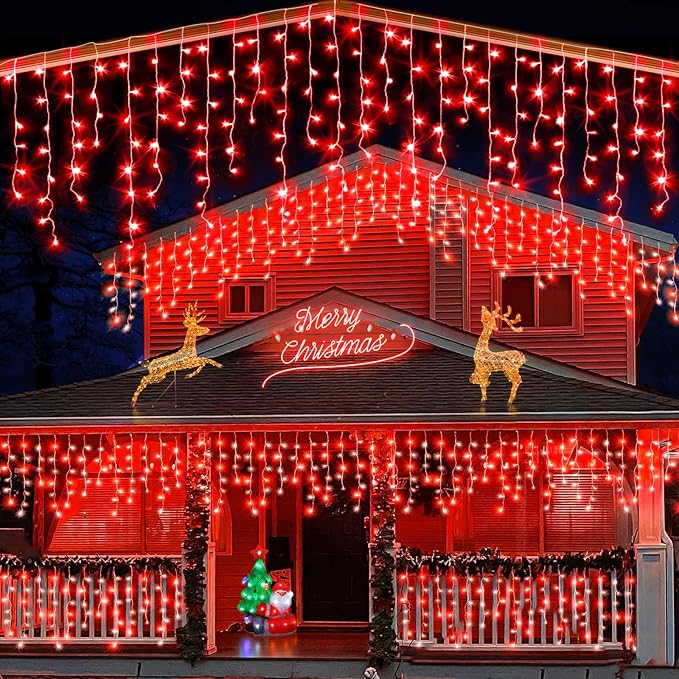 66ft Icicle Lights for Outside, Red Christmas Lights Outdoor Waterproof for House, 640 LED Twinkle Tree Lights with 120 Drops Clear Wire Short Curtain Lights for Room Home Wall Indoor Decorations