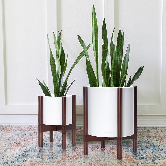 D'vine Dev Planter Pot with Stand - 12 Inch Plastic Cylinder Flower Pot with Wood Planter Holder for Indoor, Matte White Pot + Mahogany Stand, 55-C-O-1