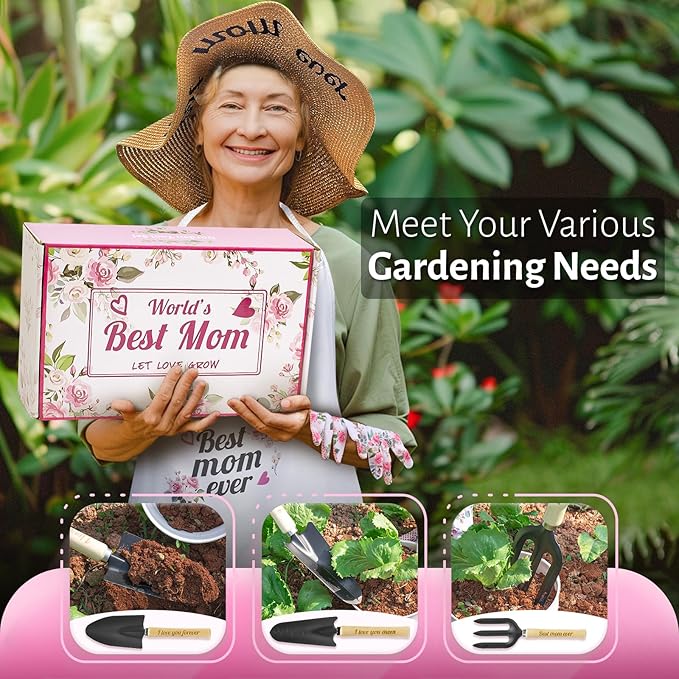 Pink Gardening Tools, Garden Tool Set for Women, 7 Piece Womens Gardening Kit with Gardening Hand Tools Straw Hat Floral Gardening Apron and Gloves,Gardening Gifts for Women Pink