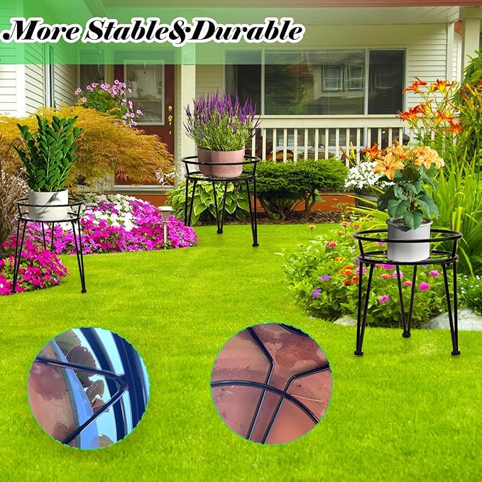 3 Pack Metal Plant Stands Outdoor Indoor, Rustproof Iron Flower Pot Stands Outdoor, Heavy Duty Pot Stand for Plants Indoor, Round Black Display Rack Flower Stand Plant Holders