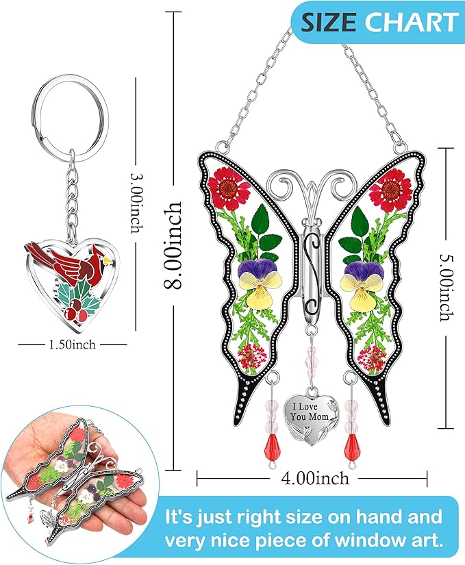 KY&BOSAM Butterfly Suncatcher I Love You Mom Gifts for Mom Pressed Flower Between Wings Glass for Windows Metal Engraved Charm as Gifts for Mother's Day Valentine's Birthday Thanksgiving Christmas