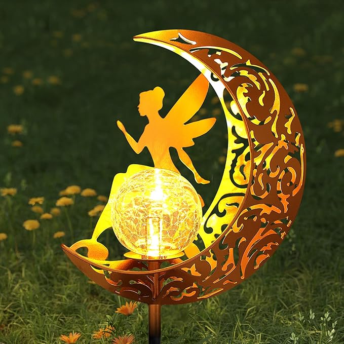 YJFWAL 2 Pack Garden Solar Lights Pathway Stake Lights Moon Fairy Glass Globe with Angel Decor, Outdoor Decorative Lights Waterproof for Walkway, Yard, Patio Decor(Warm White)