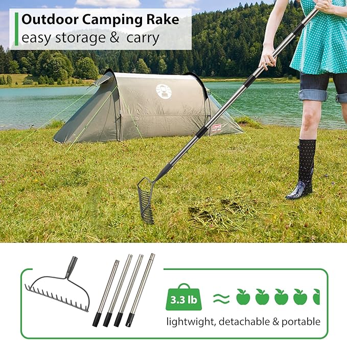 Garden Rake, 6 FT Bow Rakes for Lawns Heavy Duty, Yard Metal Rake with Adjustable Long Handle, 14 Tines Rake Head, Gardening Tool for Loosen Soil, Gather Leaves, Level Mulch, Remove Debris