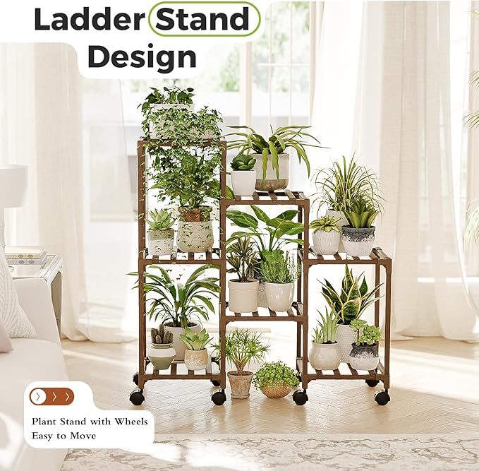 Bamworld Plant Stand with Wheels for Indoor Plants Wood Outdoor Tiered Shelf 3 Tire 7 Potted Ladder Plant Holder Table Pot Stand for Window Garden Balcony Patio Living Room (natureDL)