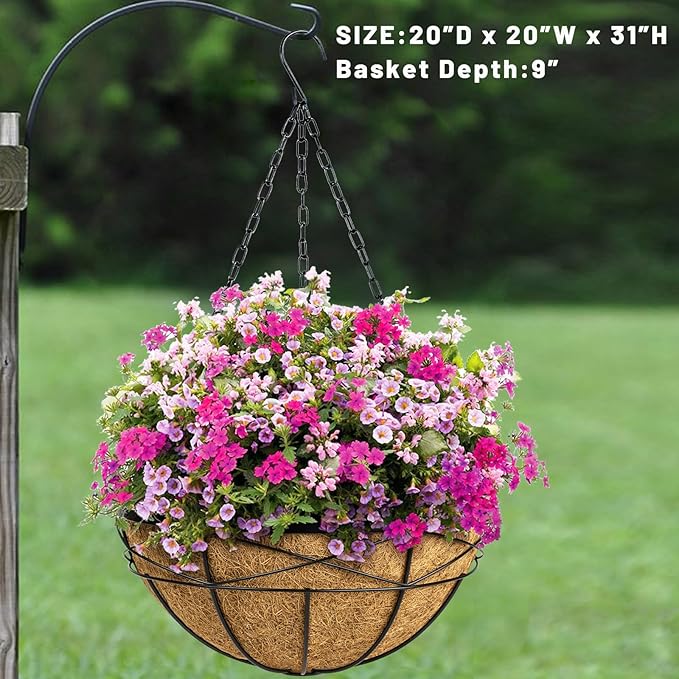 2 Pack 20 Inch Extra Large Deep Hanging Planters for Outdoor Plants Watering Hanging Baskets Flower Pots with Coco Liners Metal Hanging Plant Holder for Porch Balcony Garden Decor