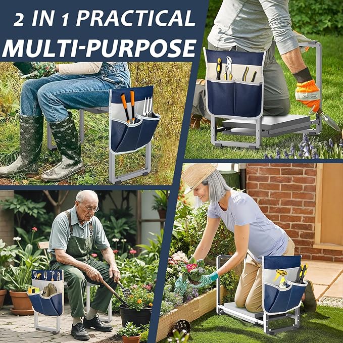 FLINTER 10.2" Wider Garden Kneeler and Seat, Heavy Duty Thick Gardening Bench for Kneeling and Seat - Garden Tools with Bags, Gardening for Women, Grandparents, Gardeners, Mom & Dad - Grey