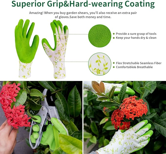 Heavy Duty Pruning Shears, Ratchet Gardening Scissors with Gardening Gloves for Gardening Handheld Garden Shears Ratcheting Mechanism Gardening Shears for Arthritis & Weak Hands