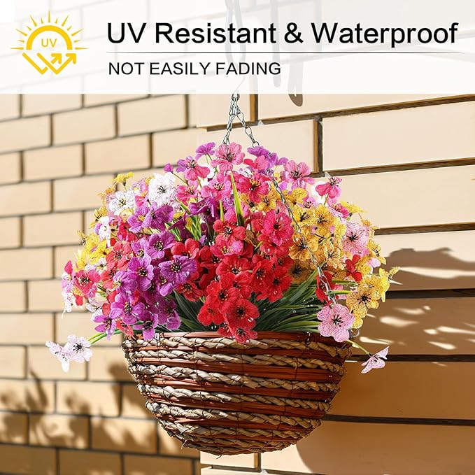 24 Bundles Artificial Flowers for Outdoor,No Fade Fake Plastic Flowers Faux Plants for Decoration Hanging Planters Indoor Outside Garden Porch Window Box Home Wedding Farmhouse
