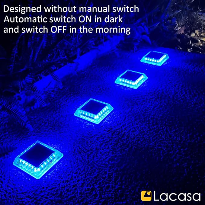 Lacasa Solar Deck Lights, 4 Pack 30LM LED Dock Lights Blue Light, Outdoor Solar Powered Step Lights Light up All Night IP68 Waterproof Auto ON/Off for Garden Stairs Driveway Pathway Lighting