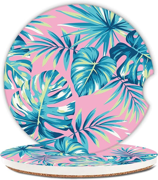 Tropical Pink Palm Leaves Car Coasters,Ceramic Absorbent Cup Holders with Finger Notch & Cork Base Car Assecories for Women/Men 2.6"(2 Pieces)