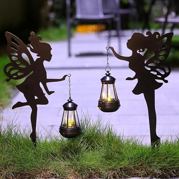 Solar Fairy Garden Decor – YUNJACKEYDZ 2 Pack Metal Fairy Hanging Lantern Solar Outdoor Garden Decoration Silhouette Light Stake Garden Decorative Stake Ornaments for Lawn,Patio or Courtyard,Gifts