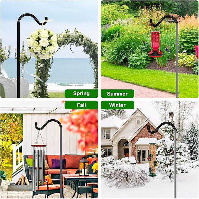 FEED GARDEN Adjustable Shepherd Hook Bird Feeder Pole with 7 Prongs Base, 108 Inch Tall 5/8 Inch Thick, Heavy Duty Outdoor Garden Poles for Hanging Bird Feeders, Plant Baskets, Black (2 Pack)