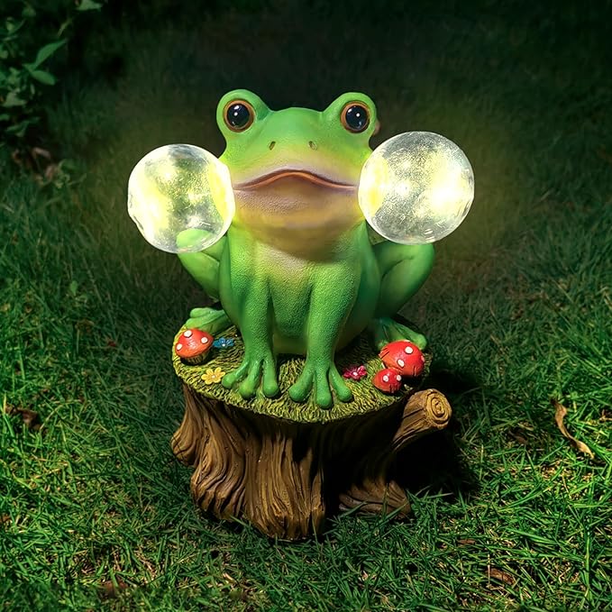 Solar Frog Garden Decor - Mushroom Outdoor Statue for Garden Ornaments, Lawn, Flower Bed, Pond, Patio, Porch - Frog Gifts for Women, Mom, Grandma