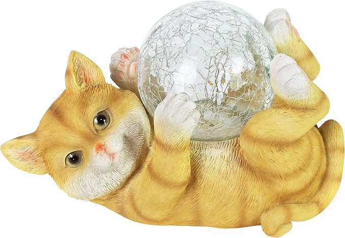 Exhart Garden Sculpture, Solar Cat Garden Statue with LED Light Crackle Ball, Outdoor Garden Decoration, 10.5 x 7.5 Inch, Multicolor, Resin
