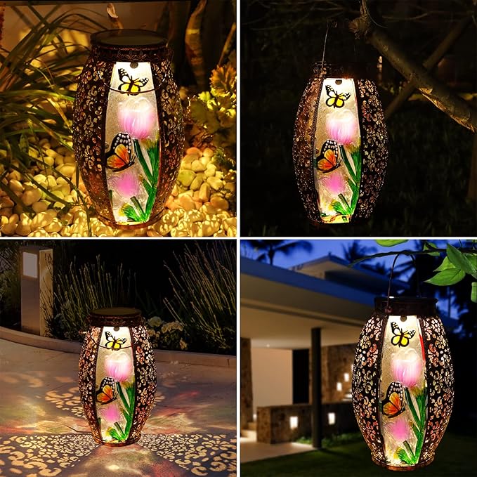 Outdoor Solar Lantern-Waterproof Butterfly Hanging Metal Decorative Lights for Patio Table Garden Pathway Yard with Super Bright Warm White LED, Large Solar Panels, Auto On/Off Light