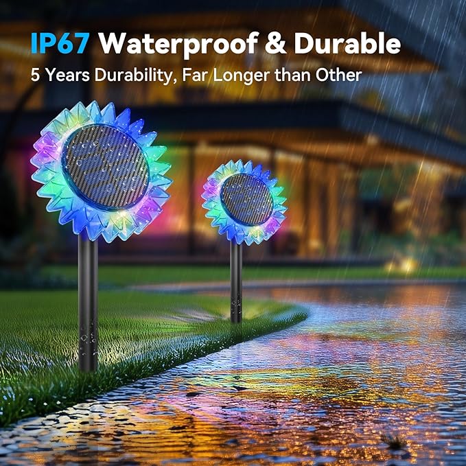 Solar Garden Lights - Upgraded Solar Sunflower Light, Ground/Wall 2 In 1, Outdoor Lights Waterproof IP67,Garden Yard Patio Backyard Pathway Landscape Fence Wall Decoration, Multicolor(2 Pack)