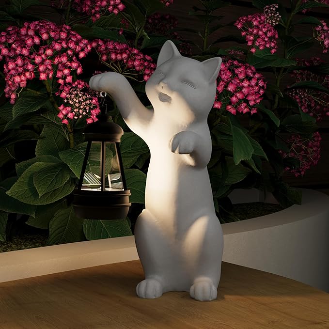 Solar Powered Garden Resin Statue Lights, 10 Inch Waterproof Outdoor Animal Cute Cat Figurine Lights, Suitable for Patios, Balconies, Lawns, Courtyards, Etc (Hand)