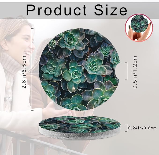 Succulent Floral Plant Flower Car Coasters,Ceramic Absorbent Cup Holders with Finger Notch & Cork Base Car Assecories for Women/Men 2.6"(2 Pieces)