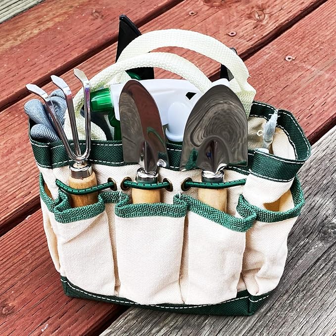 RyKing Small Garden Tool Set, 8 Piece Gardening Balcony Mini Kit Bag, Trowel Transplanter Hand Rake Pruner Snips Shovel Gloves Watering Spray, Stainless Steel Wooden Handles, Gift for Woman Men Kids