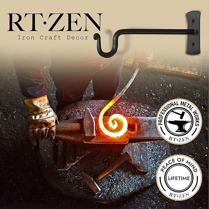 RTZEN Plant Hangers Outdoor or Indoor - Wrought Iron Metal Hanger Indoor Hook - Heavy Duty Wall Bracket Hooks for Hanging Plants Baskets Lanterns Wind Chimes - 2 Pack (Black Shepherds Hooks)