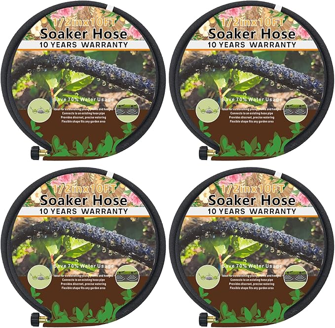 4-Pack Soaker Hose for Garden 10 Ft, Short Soaker Hoses 40 Ft, Rubber Garden Hose for Watering, Heavy Duty Drip Irrigation Hoses System (10 feet 4-Pack)