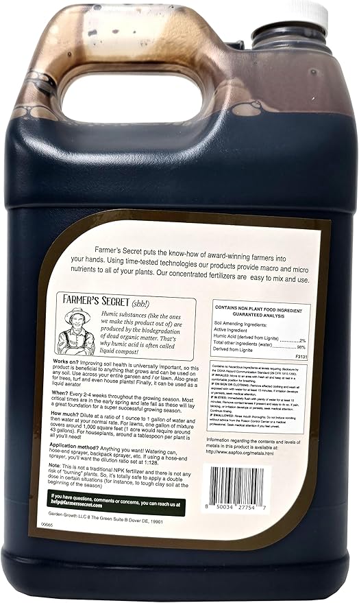 Farmer’s Secret Soil Revitalizer (128oz) - Organic (OMRI Listed) Soil Microbe Booster - Liquid Compost Soil Amendment - Activated Humic Acid - Liquid Compost Soil Amendment
