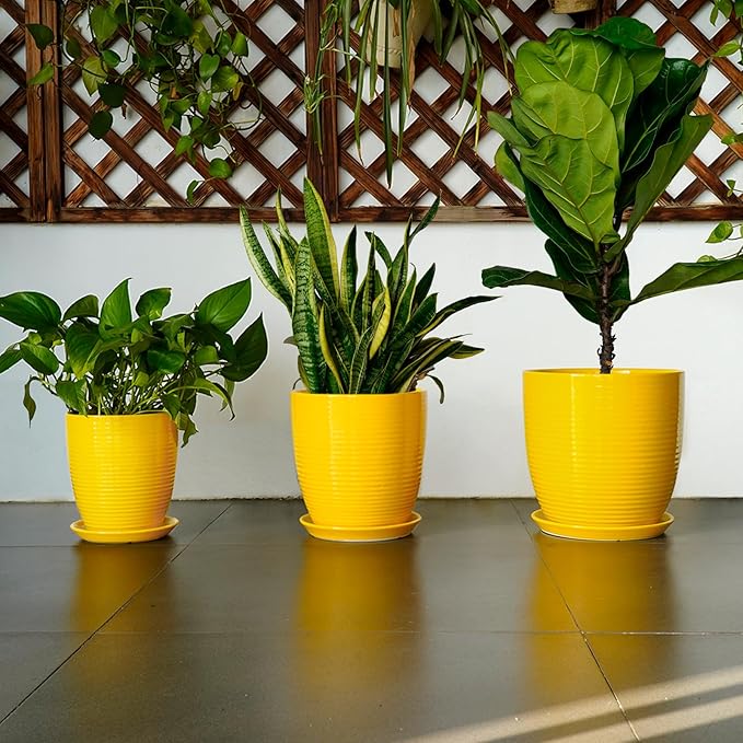 Ceramic Plant Pot - 8 Inch Planter Pot with Drainage Hole and Saucer Round Planter for Indoor Outdoor Plants Flower Pot for Home Patio Garden Office Yellow