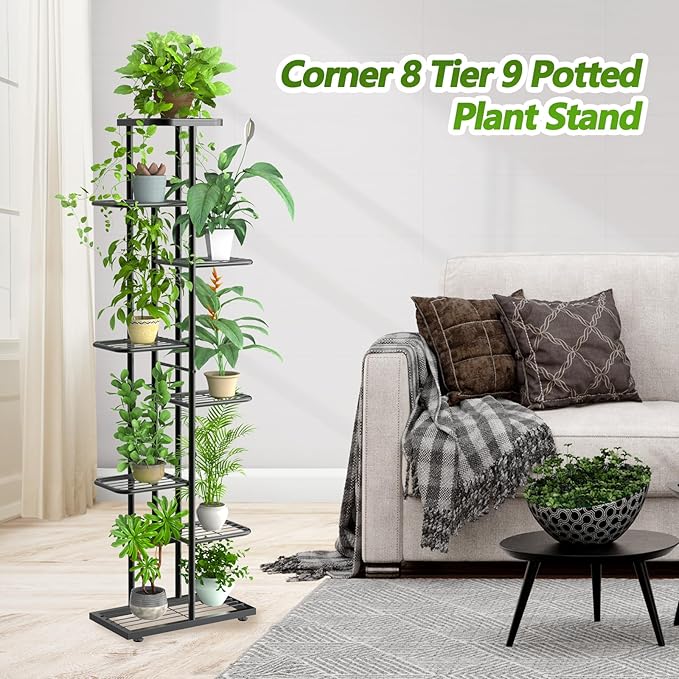 Corner Plant Stand Indoor 8 Tier 9 Potted with Gardening Tools and Gloves, Upgraded Tall Metal Plant Shelf Organizer Outdoor, Multiple Flower Holder Display Rack for Patio, Garden, Balcony, Living