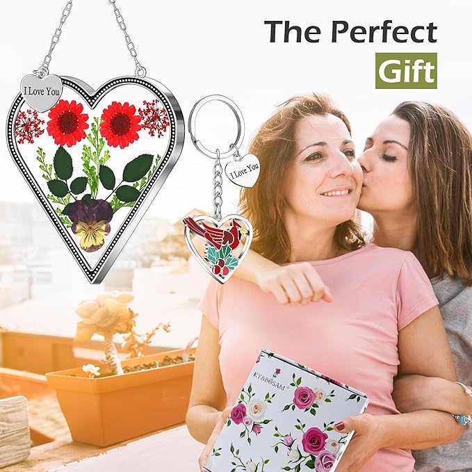 KY&BOSAM Heart Suncatcher Gift for Mom I Love You Heart Wind Chime for Windows Pressed Flower Between Heart in Glass and Metal Engraved Charm Birthday Gift for Women Mother's Day Valentine's Christmas
