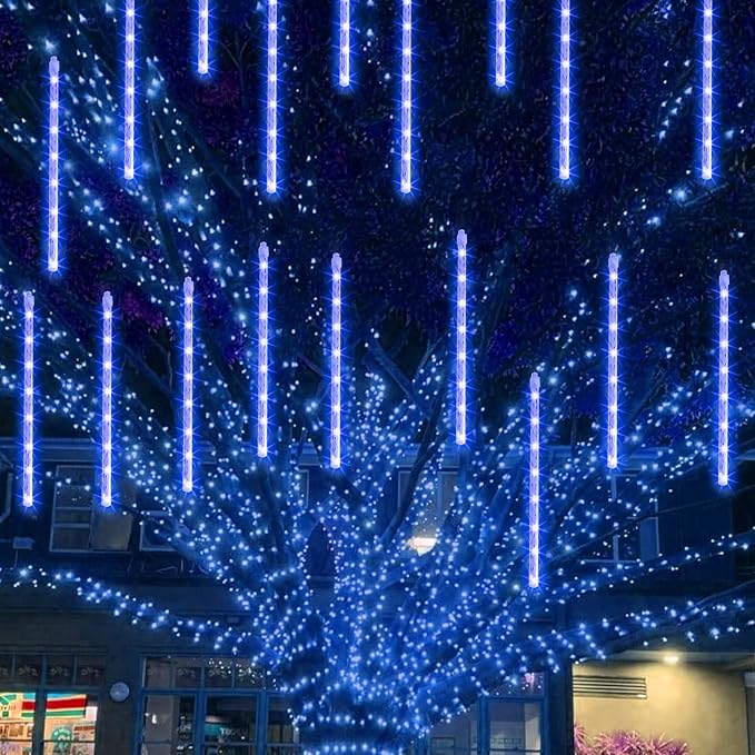 TW SHINE Christmas Lights Outdoor, 288 LED 12" 8 Tubes Meteor Shower Lights Outdoor Christmas Decorations Plug in, Waterproof Snow Falling Rain Icicle Xmas Lights for Tree Decor, Blue