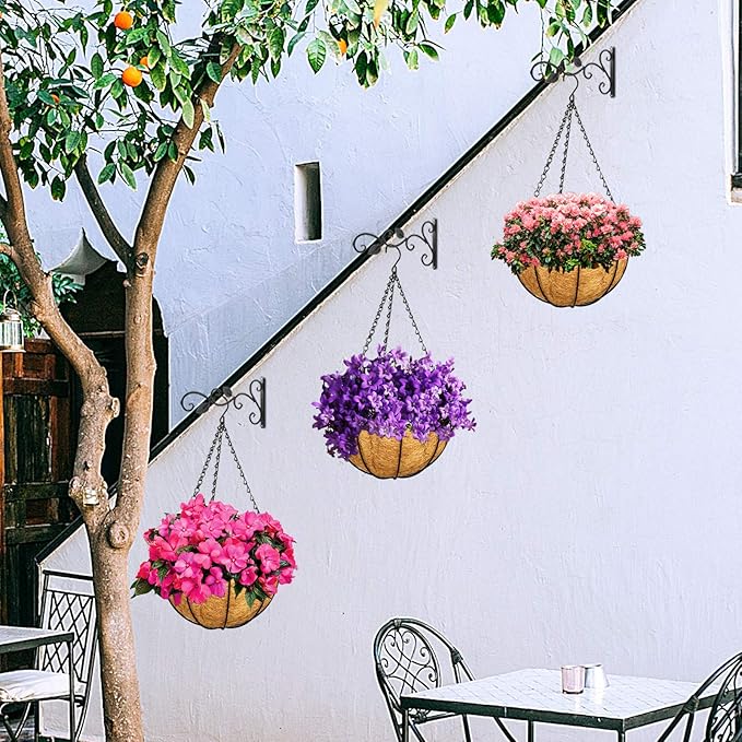 ZeeDix 3 Pack 12 Inch Metal Round Hanging Planter Basket with Coconut Liners Replacement, Hanging planters Baskets with Natural Coco Liner for Outdoor Indoor Planters Flowers Vegetables