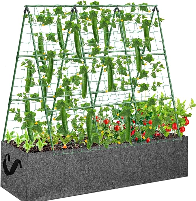 Cucumber Trellis for Garden, 45 x 53 Inches A Frame Outdoor Greenhouse Trellis with 46 Gallon Fabric Raised Bed, Climbing Net and Plant Support Clips for Climbing Plants