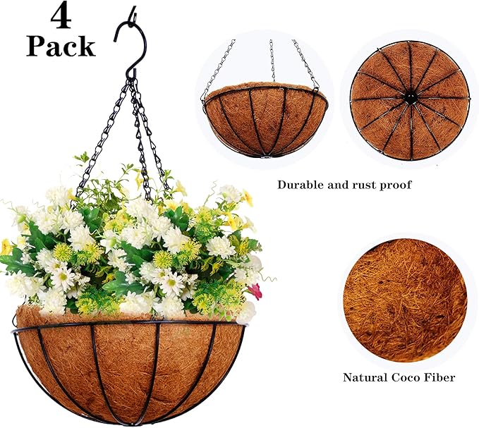 Hanging Baskets for Plants Outdoor(12 inch 4 Pack)- Coconut Coir Hanging Planters Outdoor,Metal Wire Baskets with Coco Liner, Hanging Pots for Plants Indoor, Hanging Flower Pots for Railings