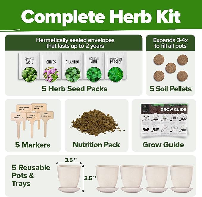 Home Grown Indoor Herb Garden Starter Kit - Christmas Gift for Gardeners - Complete 5 Herb Plant Grow Kit - Unique Gift for Mom, Women, Her, Men