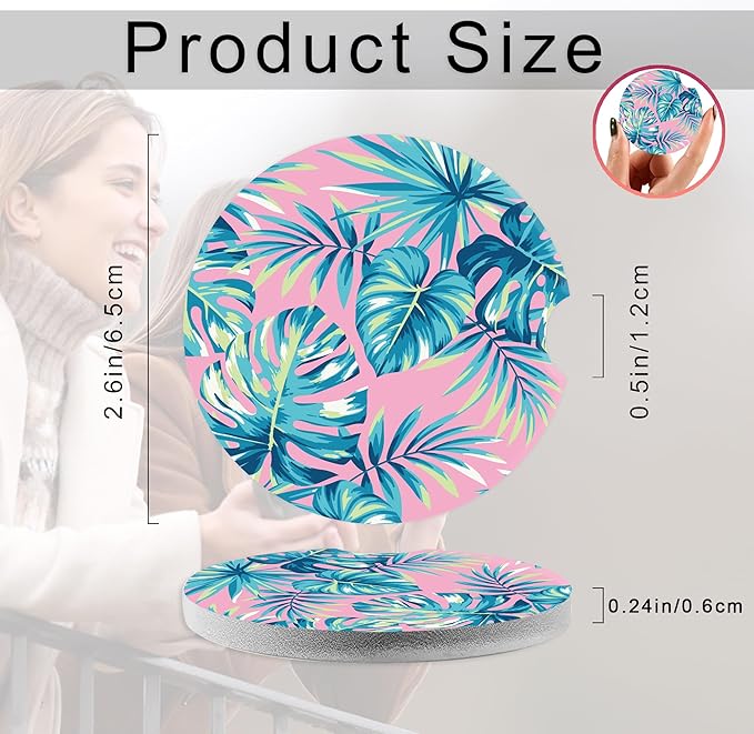 Tropical Pink Palm Leaves Car Coasters,Ceramic Absorbent Cup Holders with Finger Notch & Cork Base Car Assecories for Women/Men 2.6"(2 Pieces)